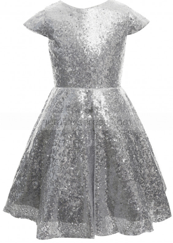 Cap Sleeves Silver Sequin Knee Length Flower Girl Dress